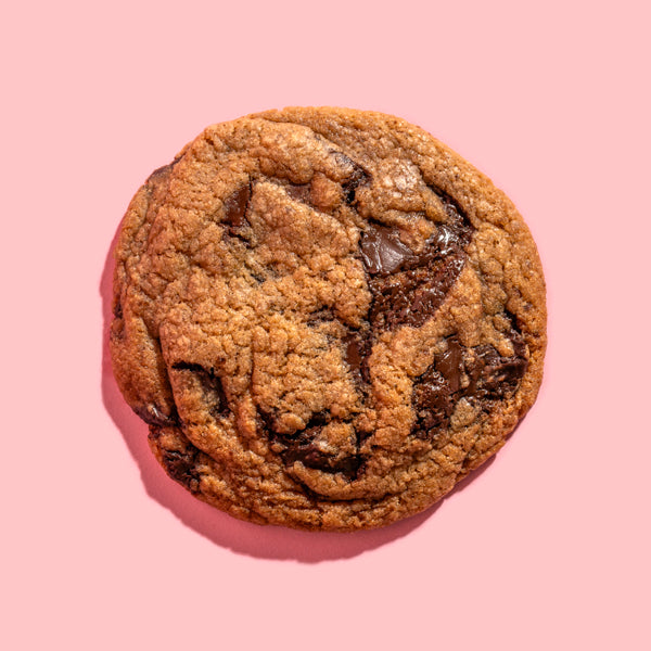 Close-up of a Dohful chocolate chunk cookie